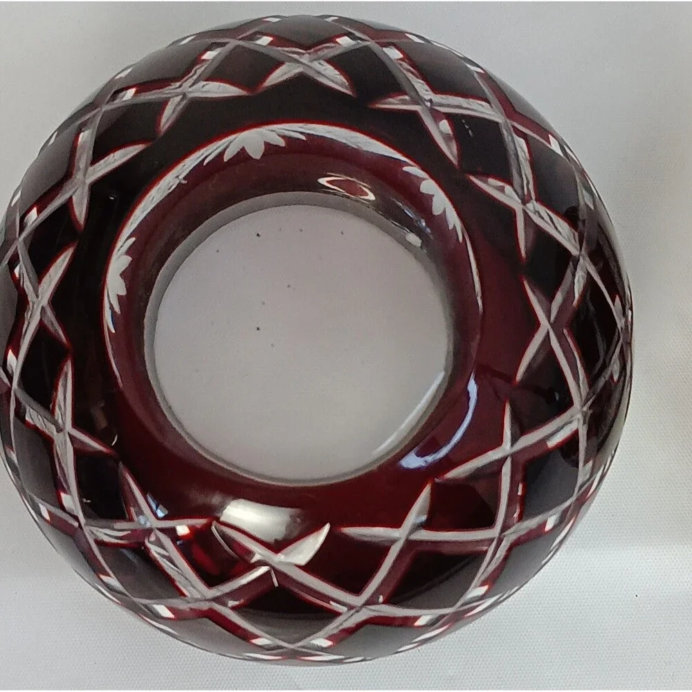 Crystal Ruby Red Cut To Clear Vase Bowl Candle Holder Cut Glass Bohemian READ